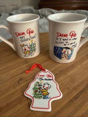 Dear God Kids Christmas Mug & Ornament Set 2 Mugs + Ornament VTG